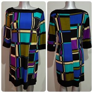Soho Apparel Shift Dress Geometric Color Block Business Casual Sz Large Stretch